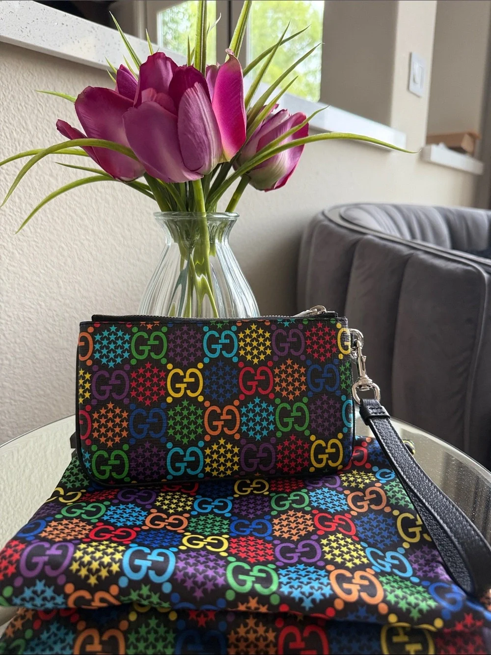 NWT Gucci Psychedelic Rainbow GG Wristlet Clutch - Black